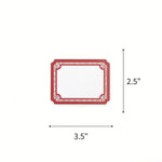 Elegant Geranium paper place card featuring a decorative red border and personalized names for table settings with dimension indicating 3.5" by 2.5"