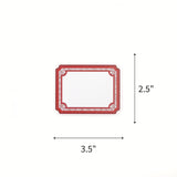 Elegant Geranium paper place card featuring a decorative red border and personalized names for table settings with dimension indicating 3.5" by 2.5"