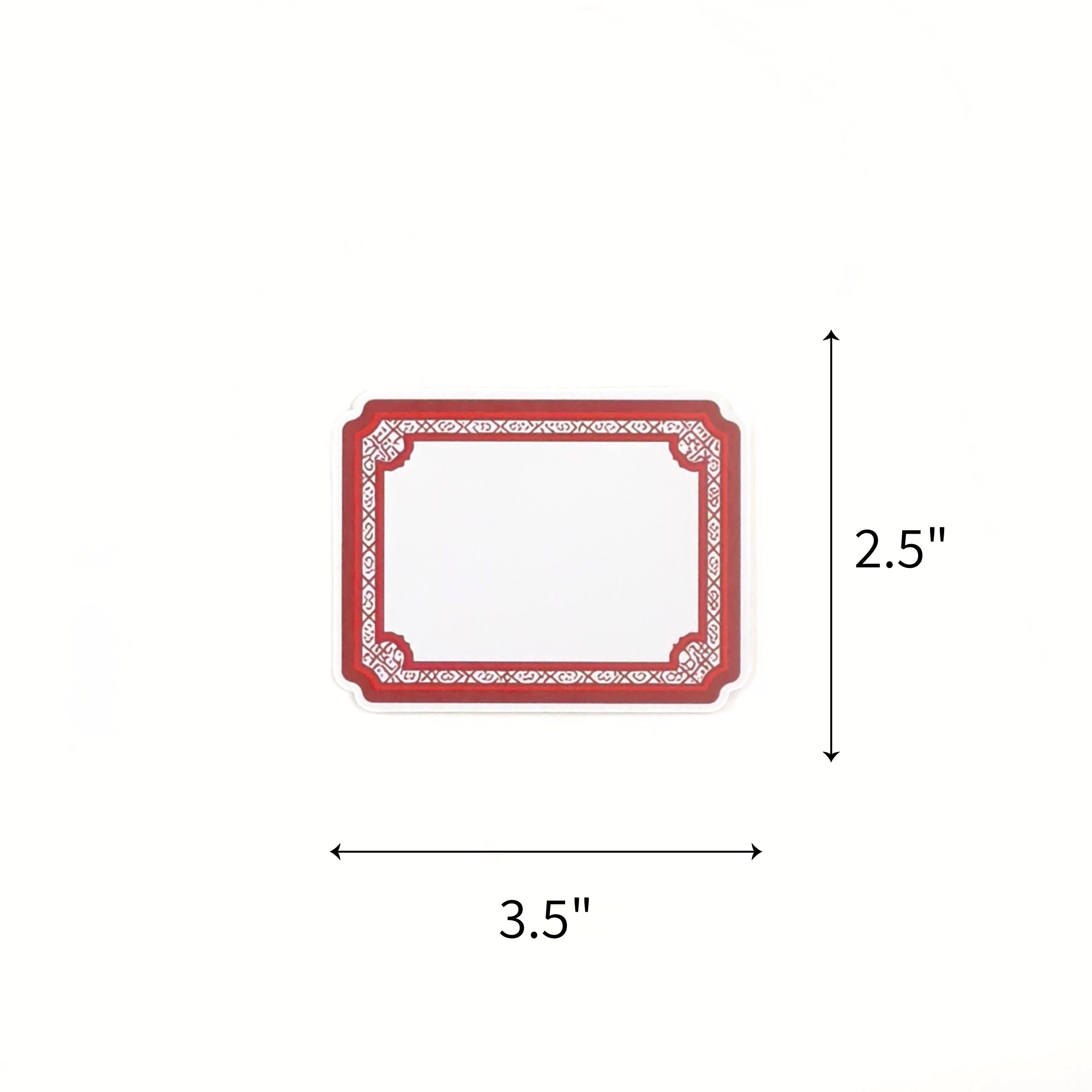 Elegant Geranium paper place card featuring a decorative red border and personalized names for table settings with dimension indicating 3.5" by 2.5"