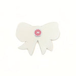 Back view hand-painted tole tray featuring a delicate pink bow with white stripes and elegant gold trim on a white background