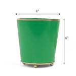 Bright Green large tole metal cachepot with gold base and trim on a white background with 6'' x 6'' dimension
