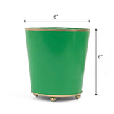 Bright Green large tole metal cachepot with gold base and trim on a white background with 6'' x 6'' dimension