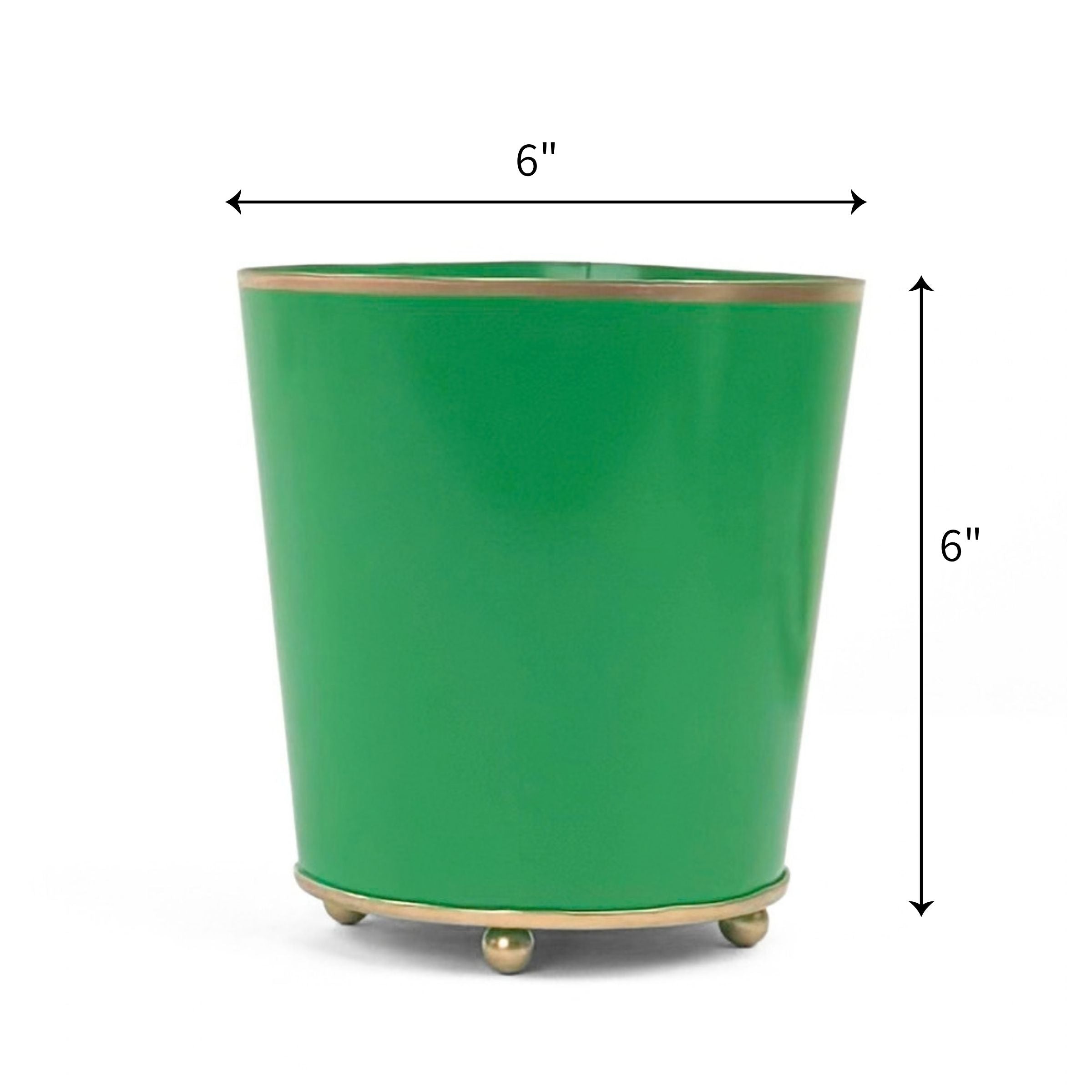 Bright Green large tole metal cachepot with gold base and trim on a white background with 6'' x 6'' dimension