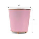 Bright  Light Pink large tole metal cachepot with gold base and trim on a white background with 6'' x 6'' dimension
