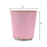 Bright  Light Pink large tole metal cachepot with gold base and trim on a white background with 6'' x 6'' dimension