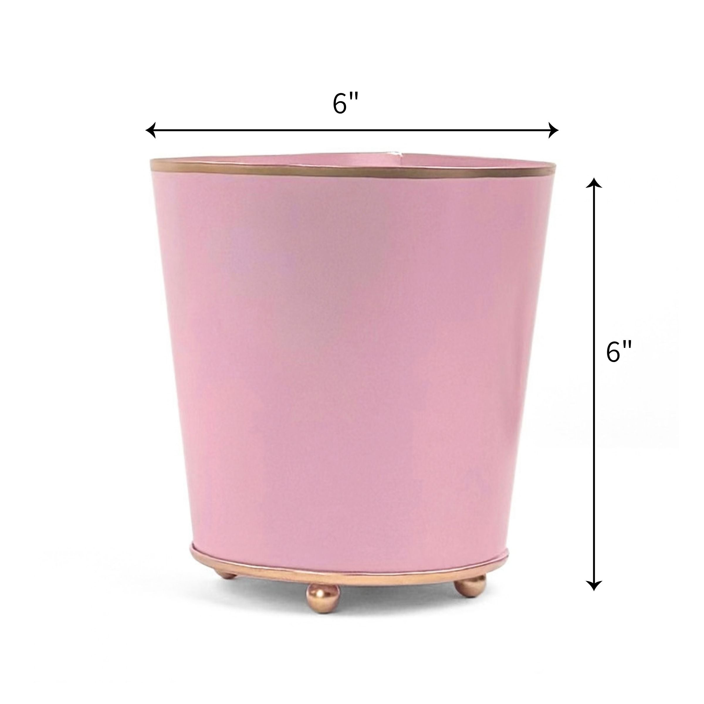 Bright  Light Pink large tole metal cachepot with gold base and trim on a white background with 6'' x 6'' dimension