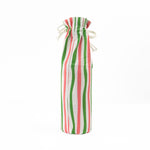 Back of pink, green, and white striped wine bag with “Liquid Mistletoe” printed on the front