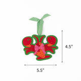 Red felt lobster ornament with a pink bow and green trim shown with 5.5" by 4.5"