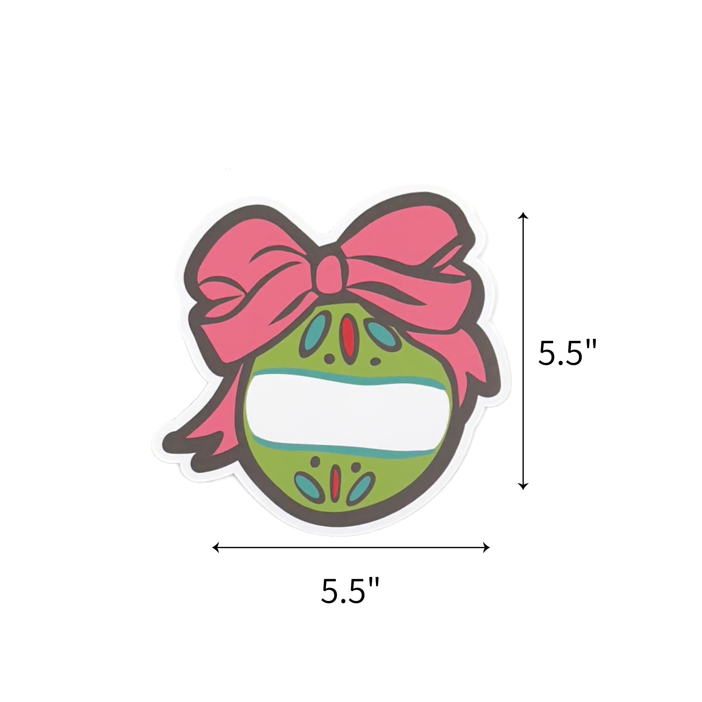 Festive ornament place card featuring a green Christmas bauble, pink bow, and personalized name space. with dimension arrows and labels indicating 5.5" by 5.5"