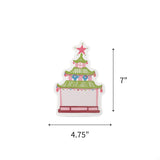 Charming pagoda place card featuring colorful chinoiserie details, pink accents, and space for personalized names with dimension indicating 7" by 4.75".