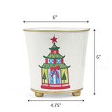 Hand-Painted Large Tole Cachepot - Festive Pagodas
