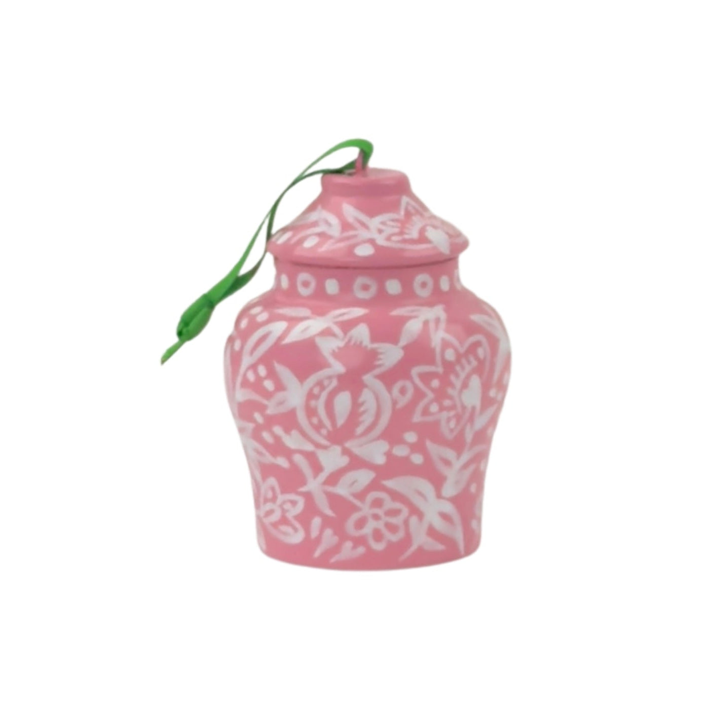 Chinoiserie ginger jar Christmas ornaments featuring intricate floral patterns in pink designs.