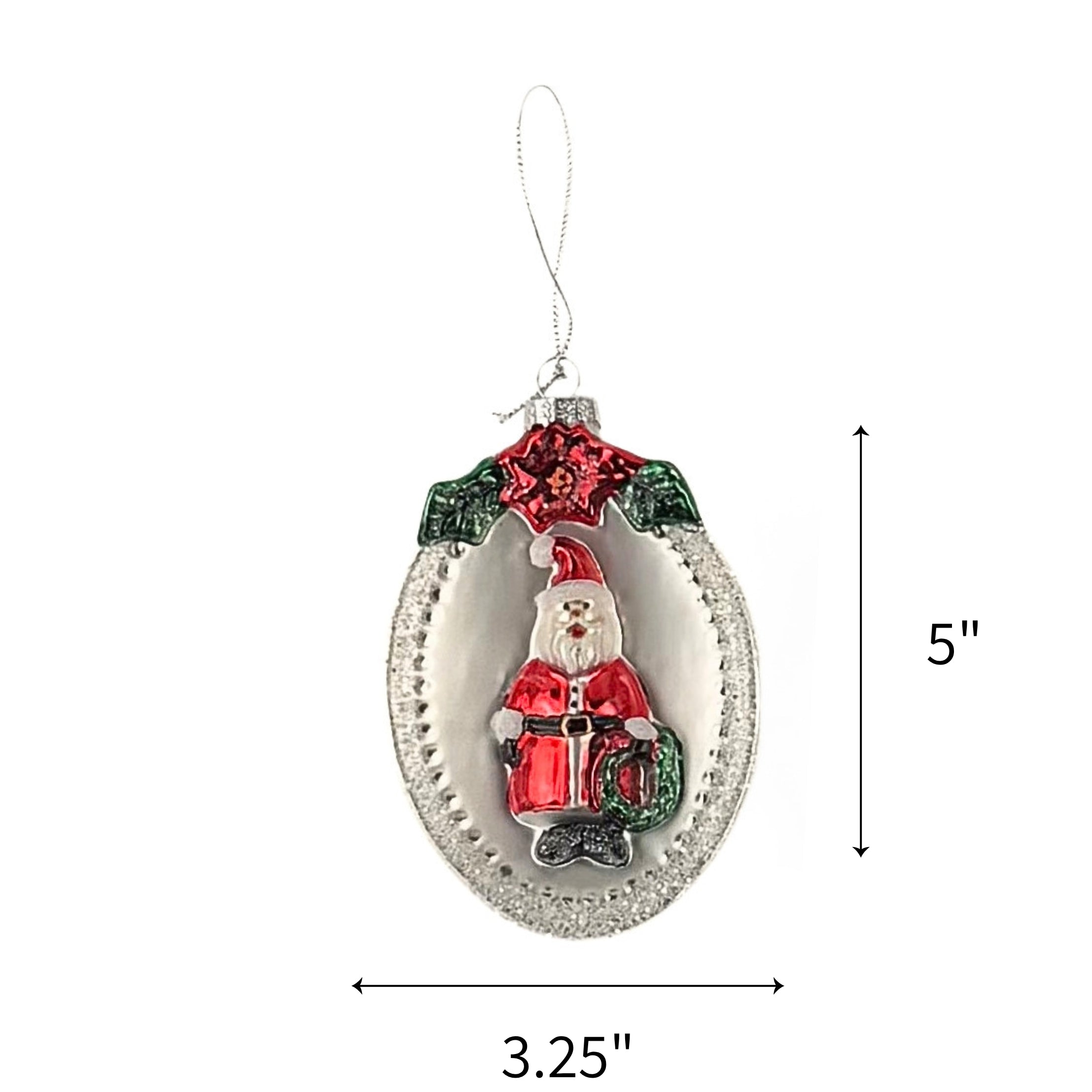  Santa glass Christmas ornament featuring sparkling silver, red, and green accents, measuring 5" by 3.25"