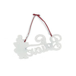 Back Decorative red christmas sign with 'Believe' text and a Santa Claus figure on a white background