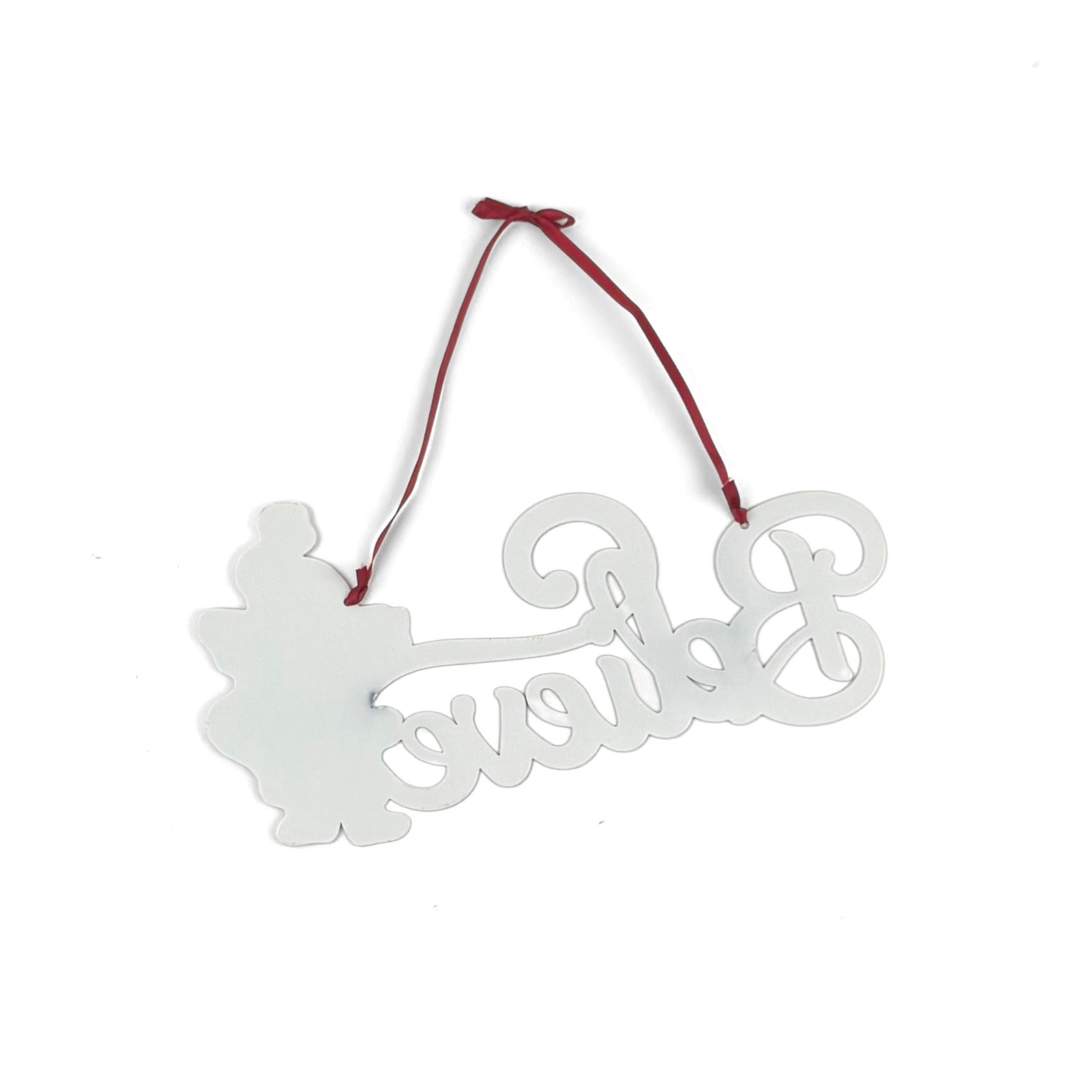 Back Decorative red christmas sign with 'Believe' text and a Santa Claus figure on a white background