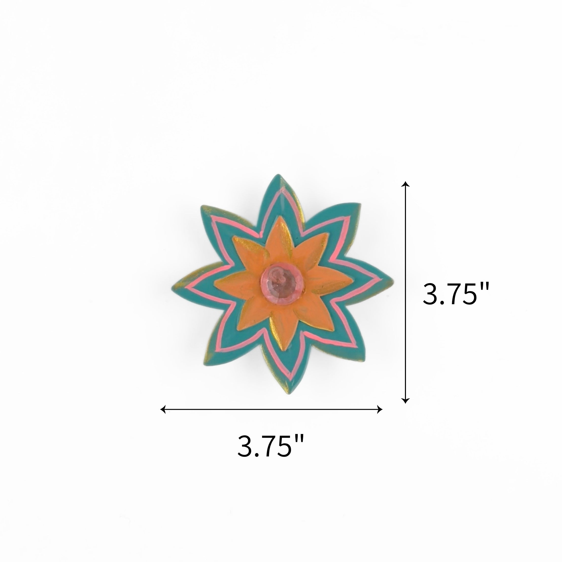 Blue jeweled flower Christmas ornament featuring orange petals and pink accents, measuring 3.75" by 3.75"