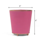 Bright Pink large tole metal cachepot with gold base and trim on a white background with 6'' x 6'' dimension