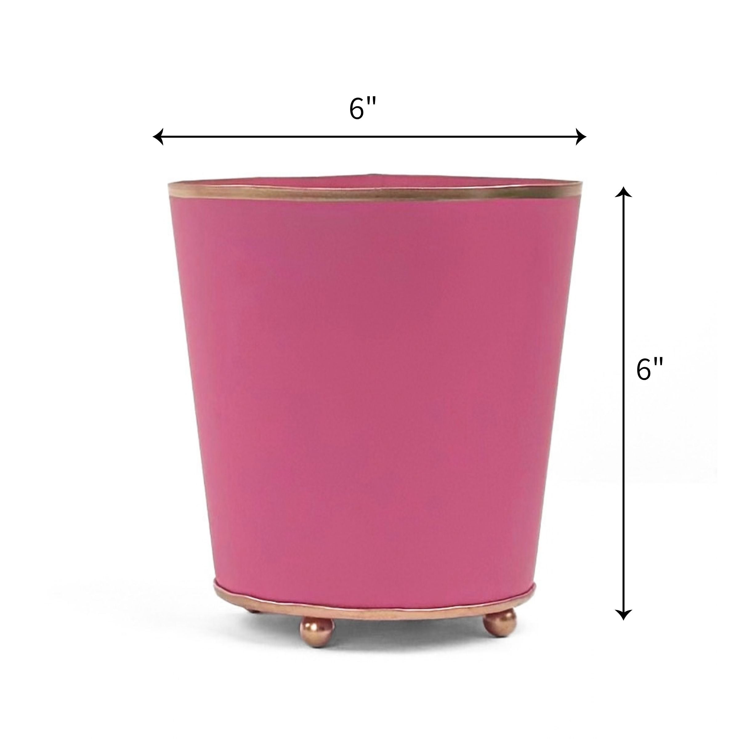 Bright Pink large tole metal cachepot with gold base and trim on a white background with 6'' x 6'' dimension