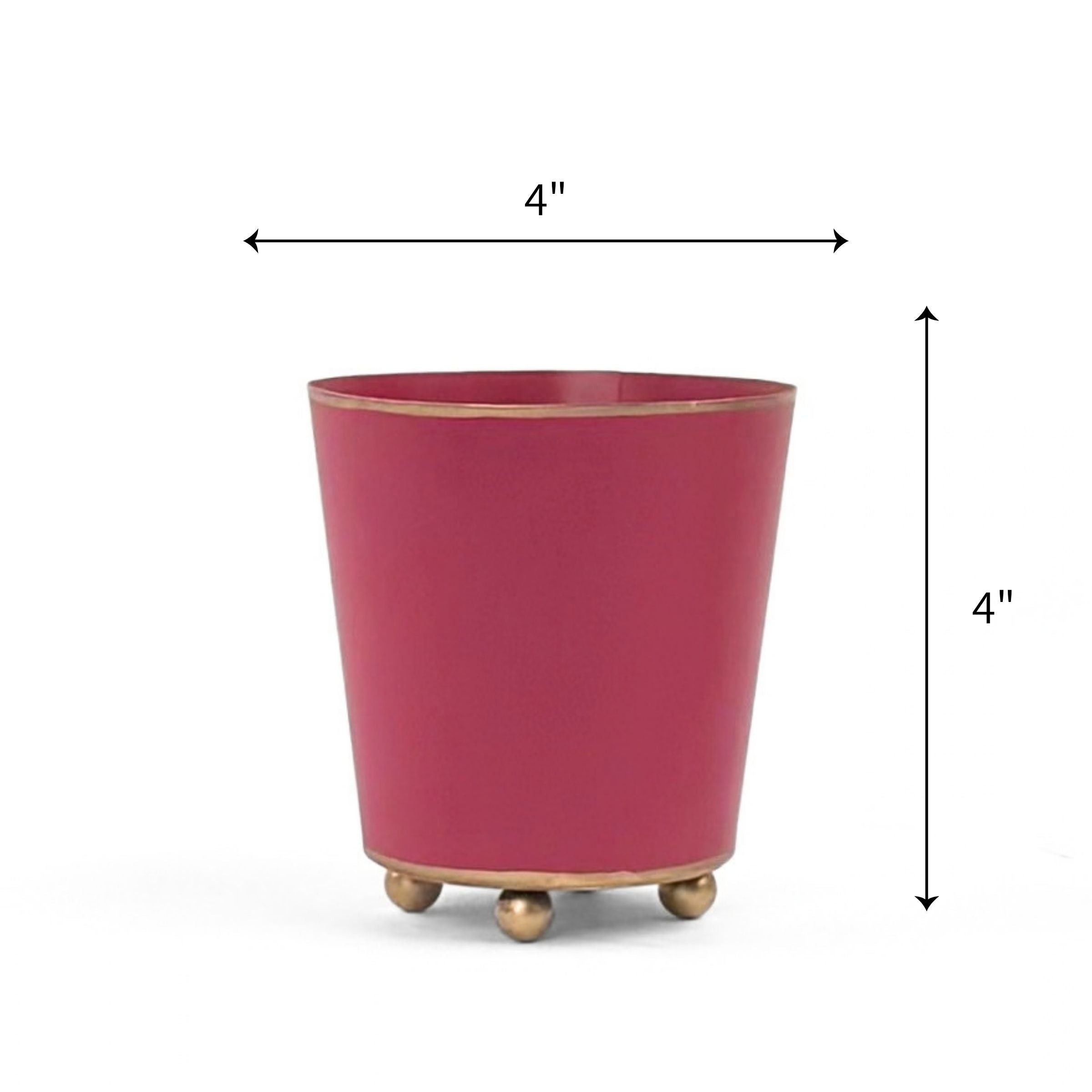 Bright Pink large tole metal cachepot with gold base and trim on a white background with 4'' x 4'' dimension