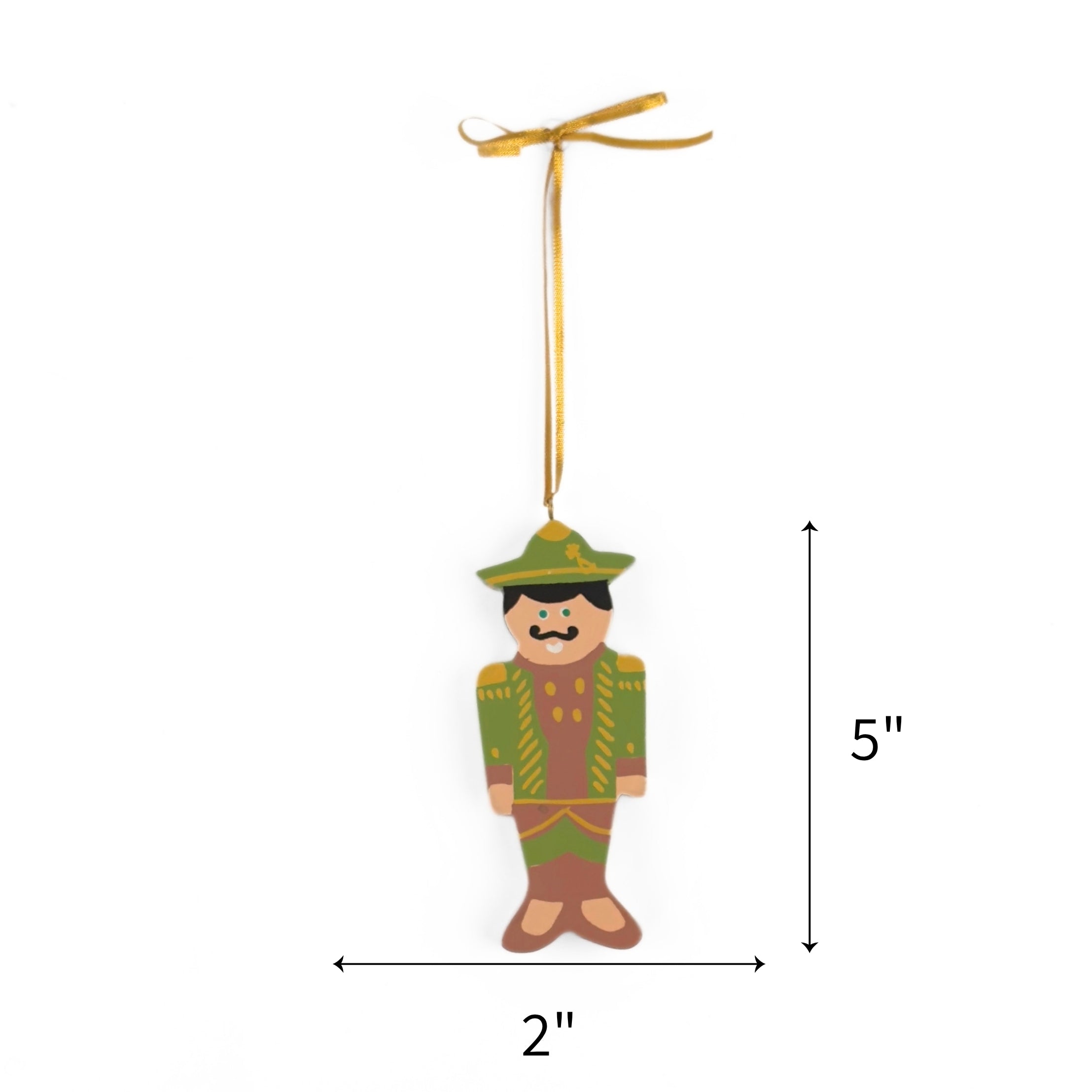 Green hand painted wooden nutcracker Christmas ornament on a white background with dimension arrows indicating 5" by 2"