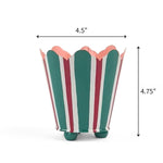 Red and green striped metal cachepot planter, 4.75 inch tall and 4.5 inch wide decorative cachepot