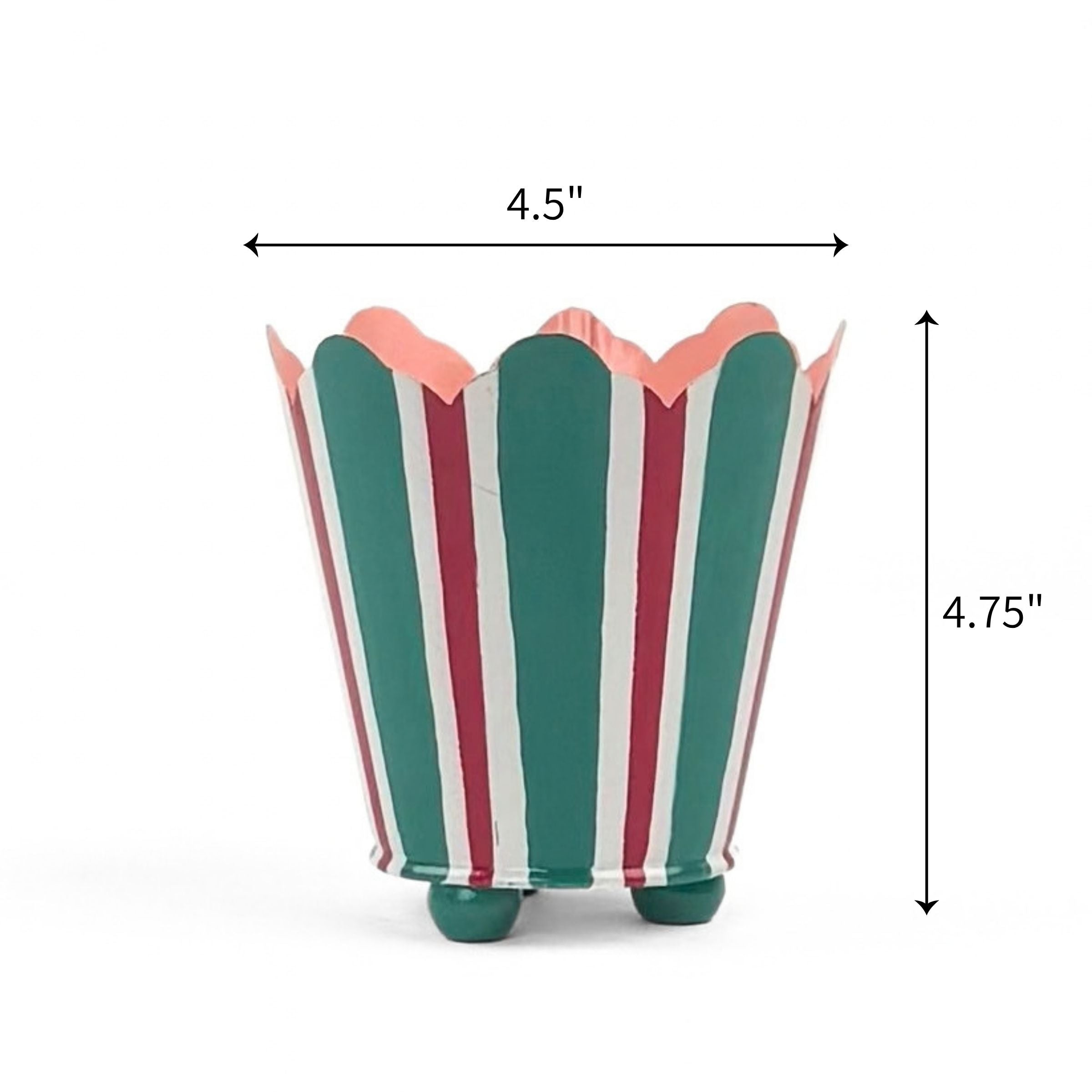 Red and green striped metal cachepot planter, 4.75 inch tall and 4.5 inch wide decorative cachepot