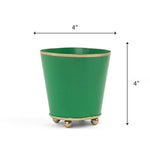 Bright Kelly green tole metal cachepot with gold base and trim on a white background with 4'' x 4'' dimension