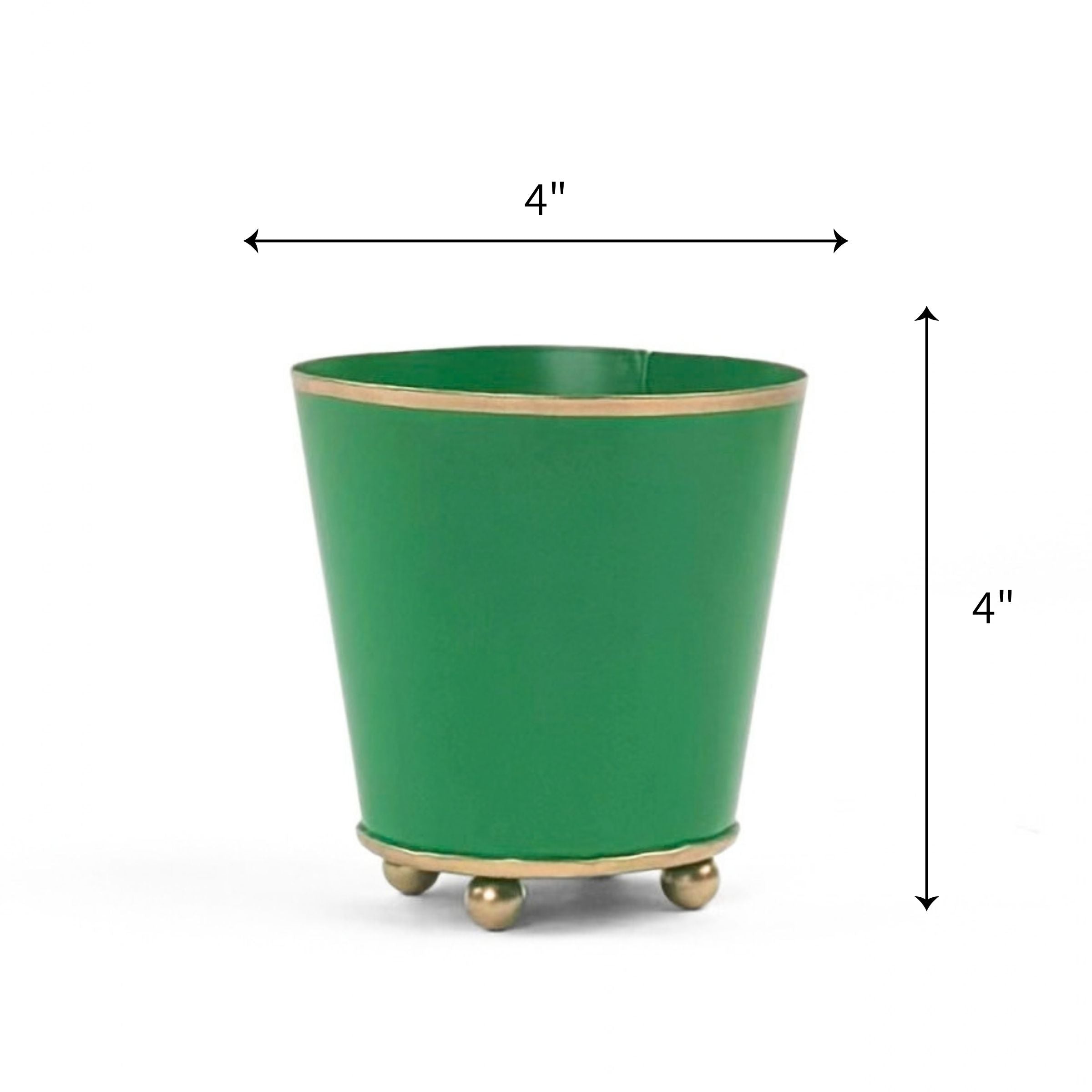 Bright Kelly green tole metal cachepot with gold base and trim on a white background with 4'' x 4'' dimension