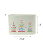 Large Festive Christmas caddy featuring colorful pagodas, pink stars, and delicate green patterned backgrounds throughout with dimensions of 5" by 7.5" by 10.75"
