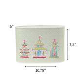 Large Festive Christmas caddy featuring colorful pagodas, pink stars, and delicate green patterned backgrounds throughout with dimensions of 5" by 7.5" by 10.75"