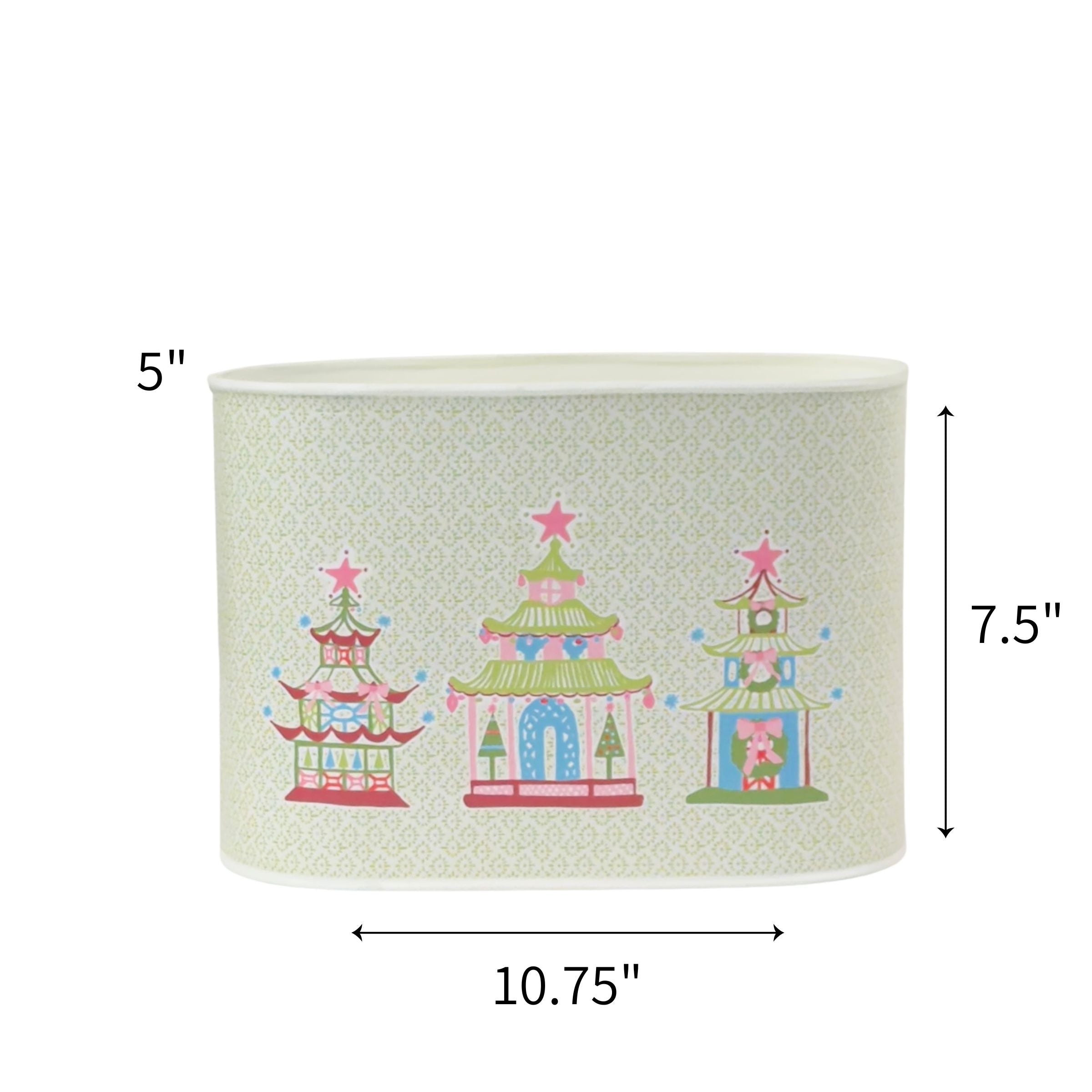 Large Festive Christmas caddy featuring colorful pagodas, pink stars, and delicate green patterned backgrounds throughout with dimensions of 5" by 7.5" by 10.75"