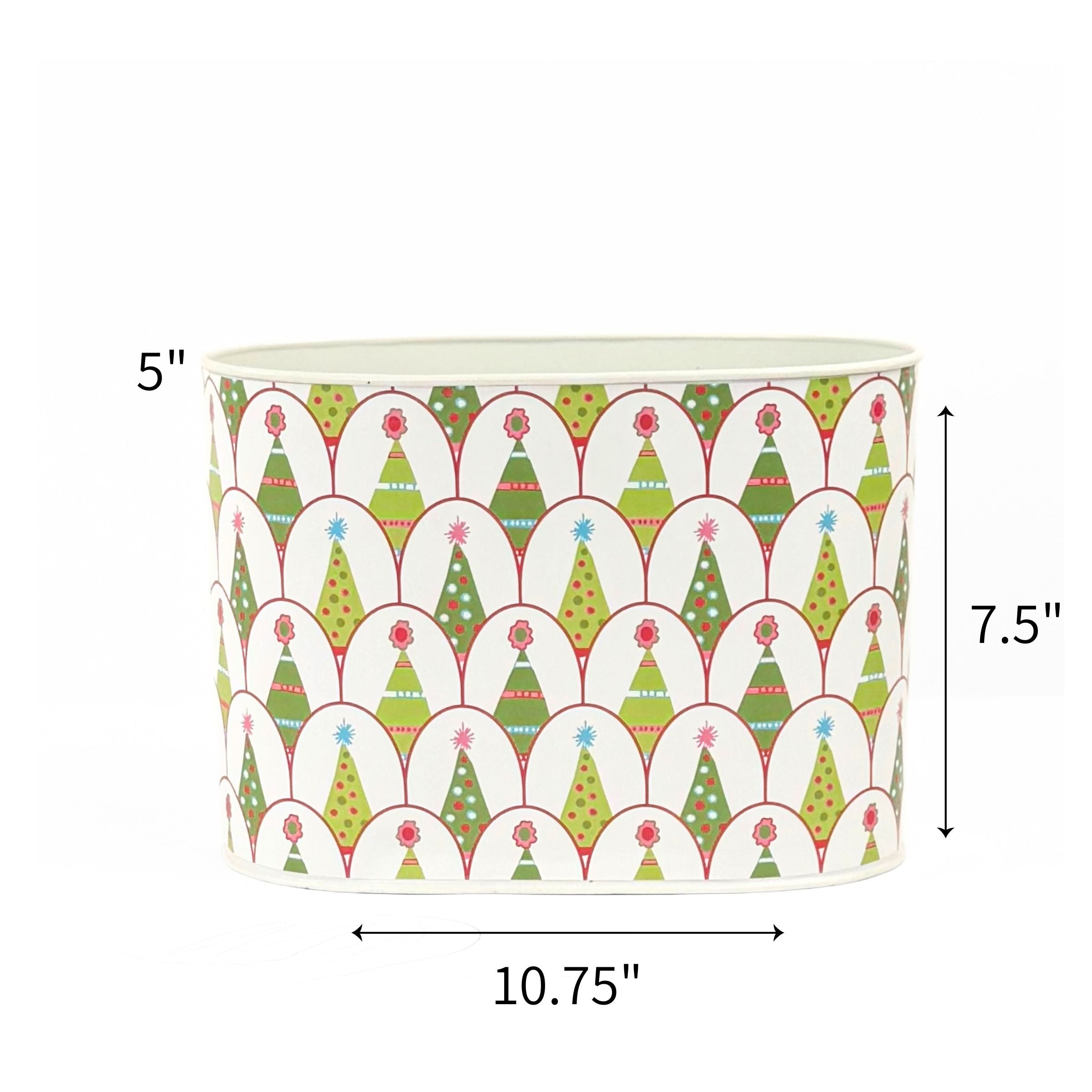 Large Christmas caddy featuring colorful festive trees with dimensions 5" by 7.5" by 10.75"