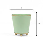 Bright Light green large tole metal cachepot with gold base and trim on a white background with 6'' x 6'' dimension