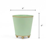 Bright Light green large tole metal cachepot with gold base and trim on a white background with 6'' x 6'' dimension