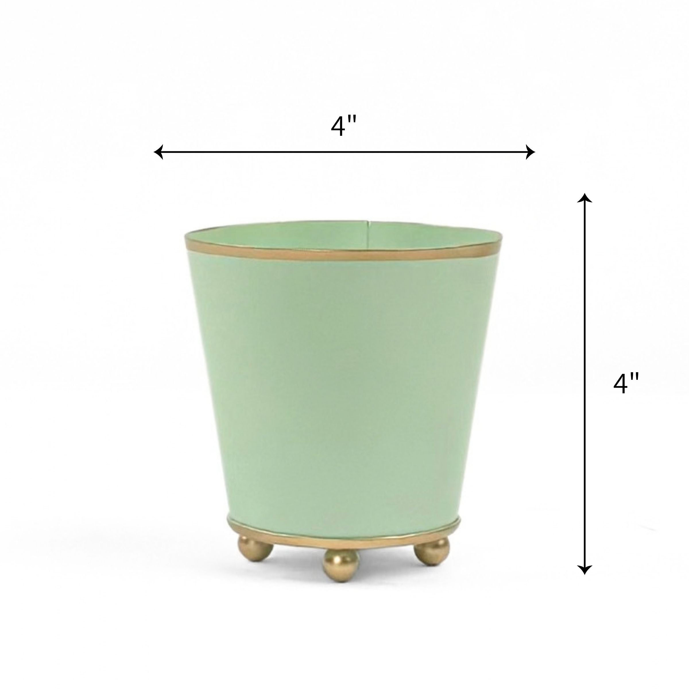 Bright Light green large tole metal cachepot with gold base and trim on a white background with 6'' x 6'' dimension