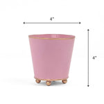 Bright  light Pink small tole metal cachepot with gold base and trim on a white background with 4'' x 4'' dimension