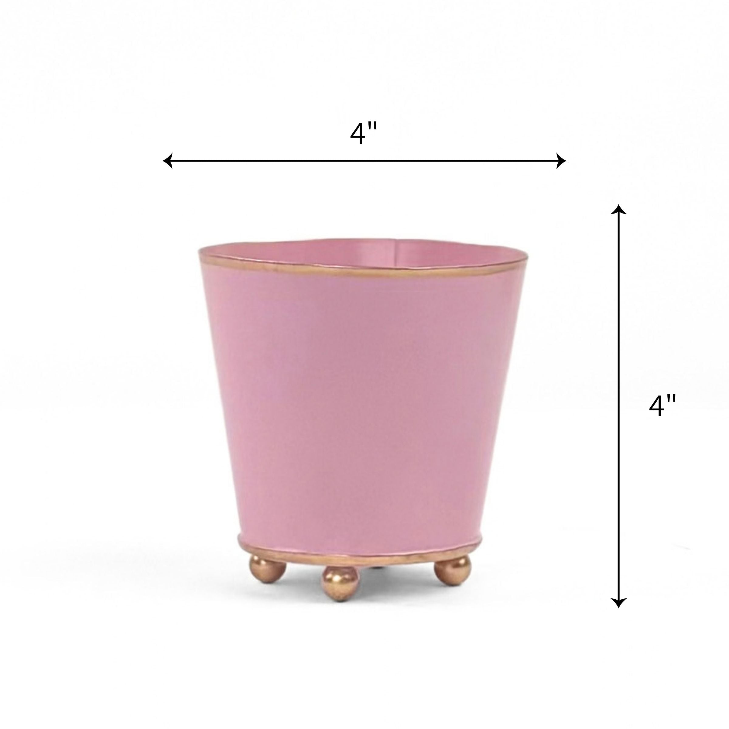 Bright  light Pink small tole metal cachepot with gold base and trim on a white background with 4'' x 4'' dimension