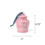 Elegant ginger jar ornaments featuring intricate floral patterns in pink with ribbons with dimensions of 4.75" by 3"