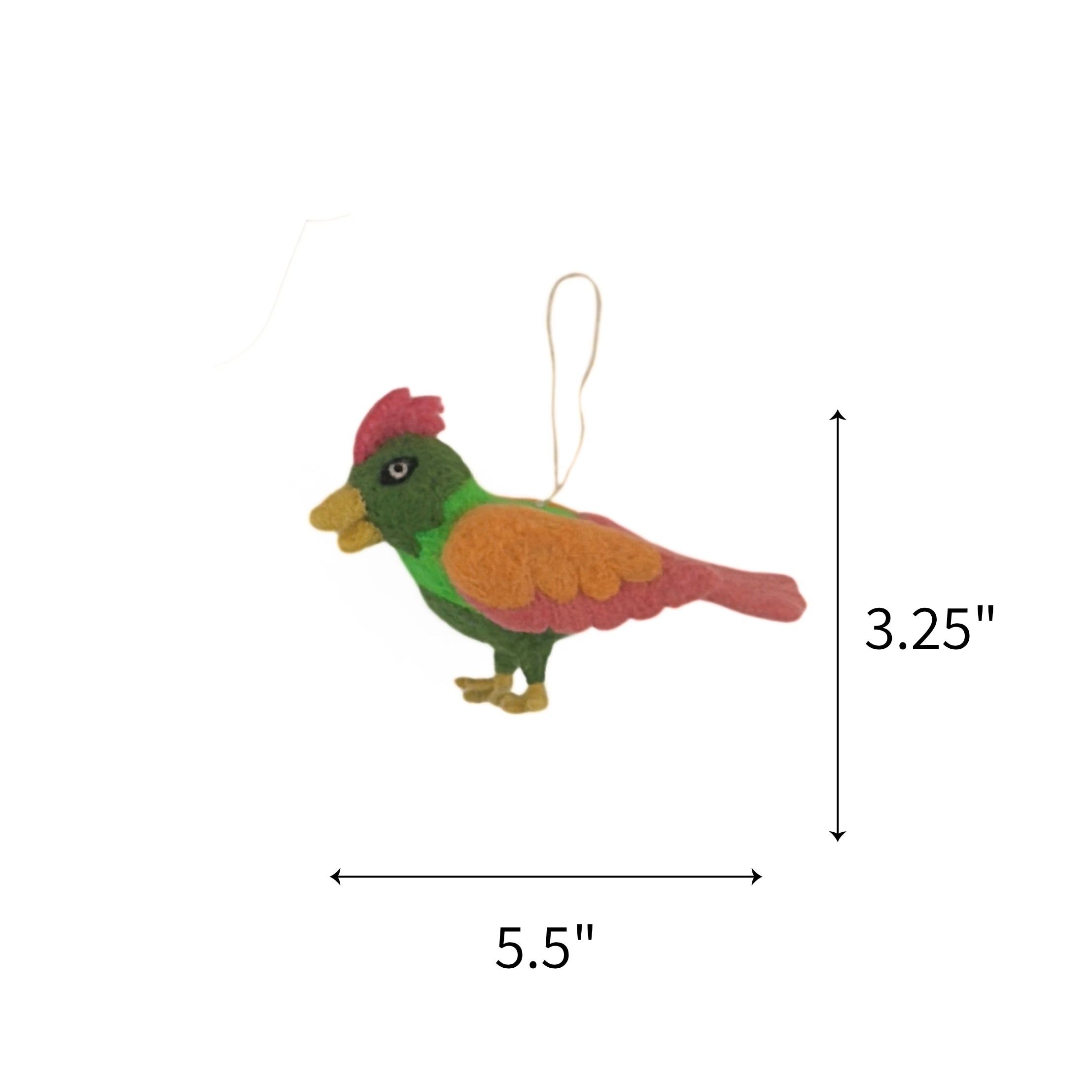 Pink felted wool Christmas bird ornament featuring blue wings, measuring 3.25" by 5.5"