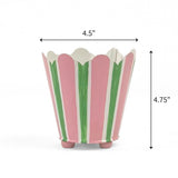 Hand-Painted Striped Scalloped Tole Cachepot - Pink and Green