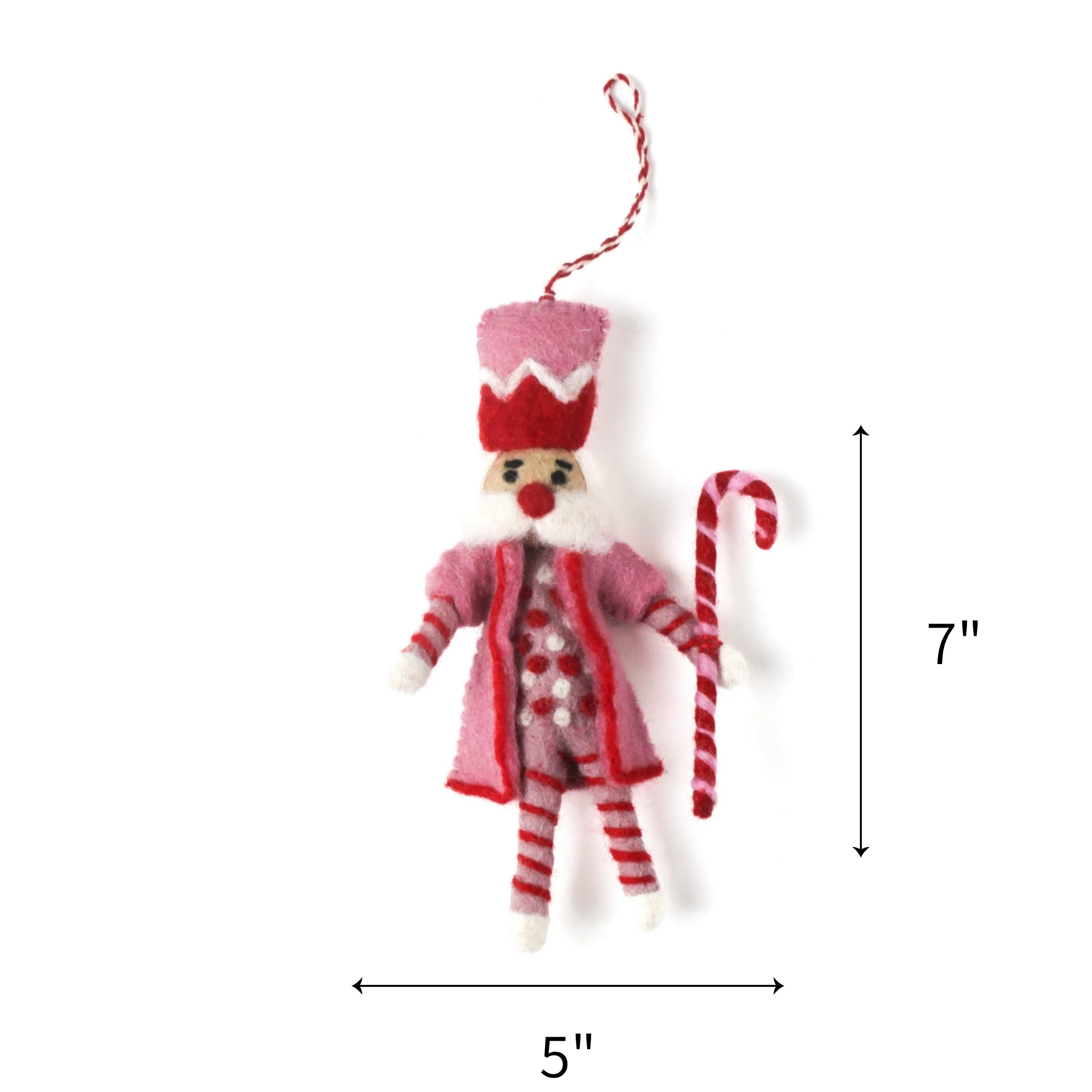 Pink and red felt nutcracker ornament holding a striped candy cane, measuring 7" by 5"