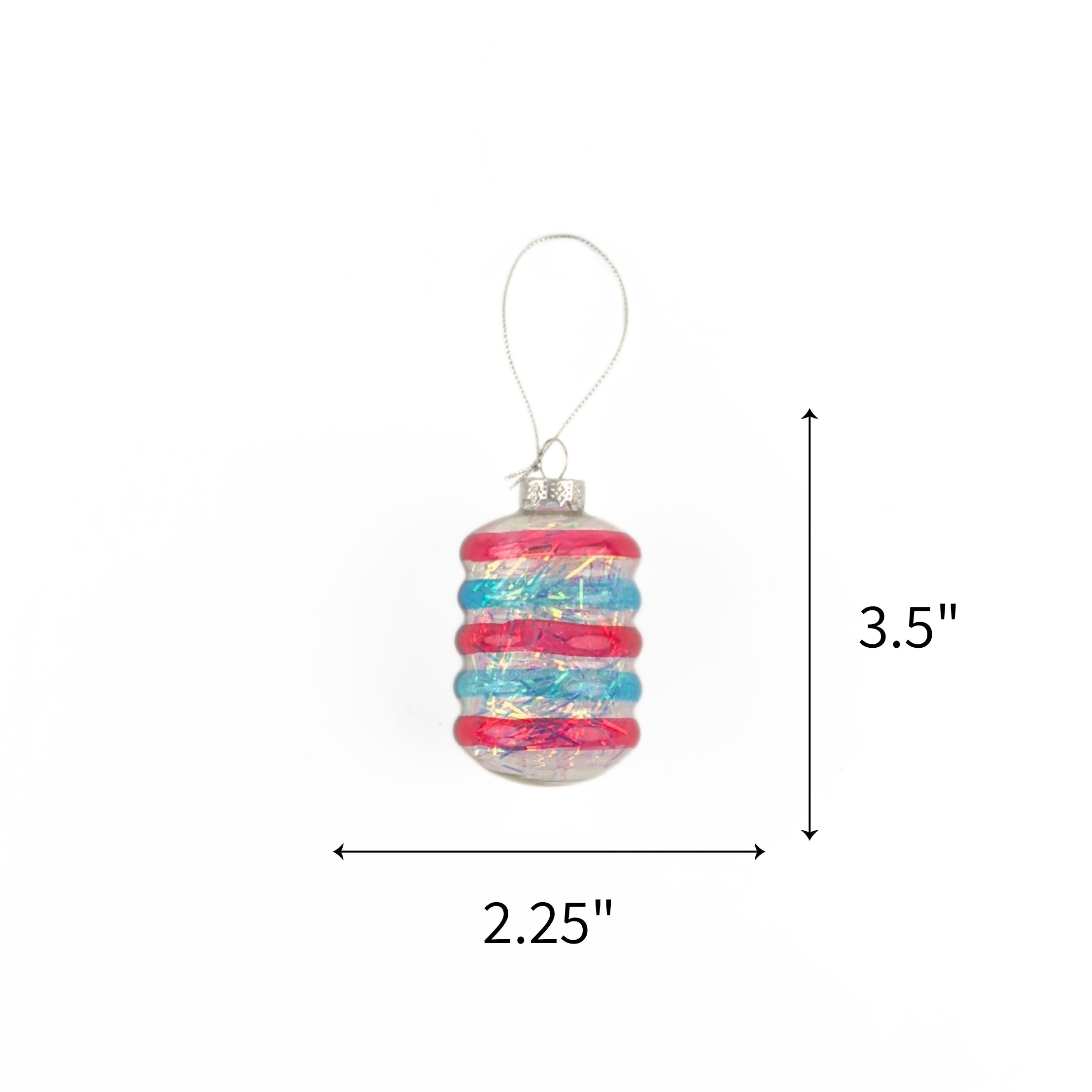 Patriotic tinsel glass ornament featuring shimmering red and blue stripes, measuring 3.5" by 2.25"