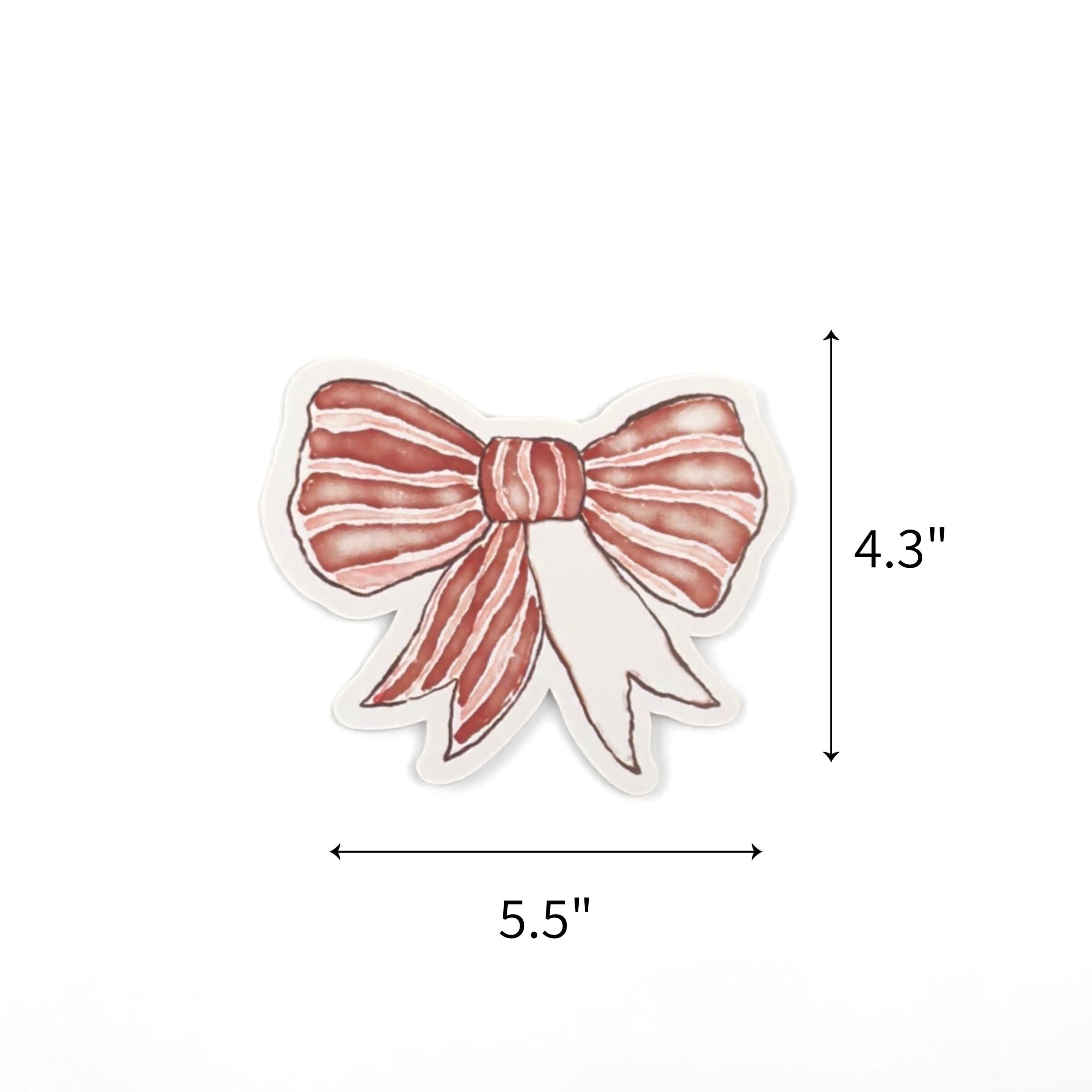 Elegant red bow place cards featuring delicate white stripes and personalized names for festive table settings with dimension indicating 5.5" by 4.3"