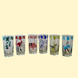 Tall Circus-Themed Vintage Glasses, Set of 6