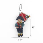 Felt patriotic soldier flag ornament featuring an American flag, measuring 6" by 3.5"