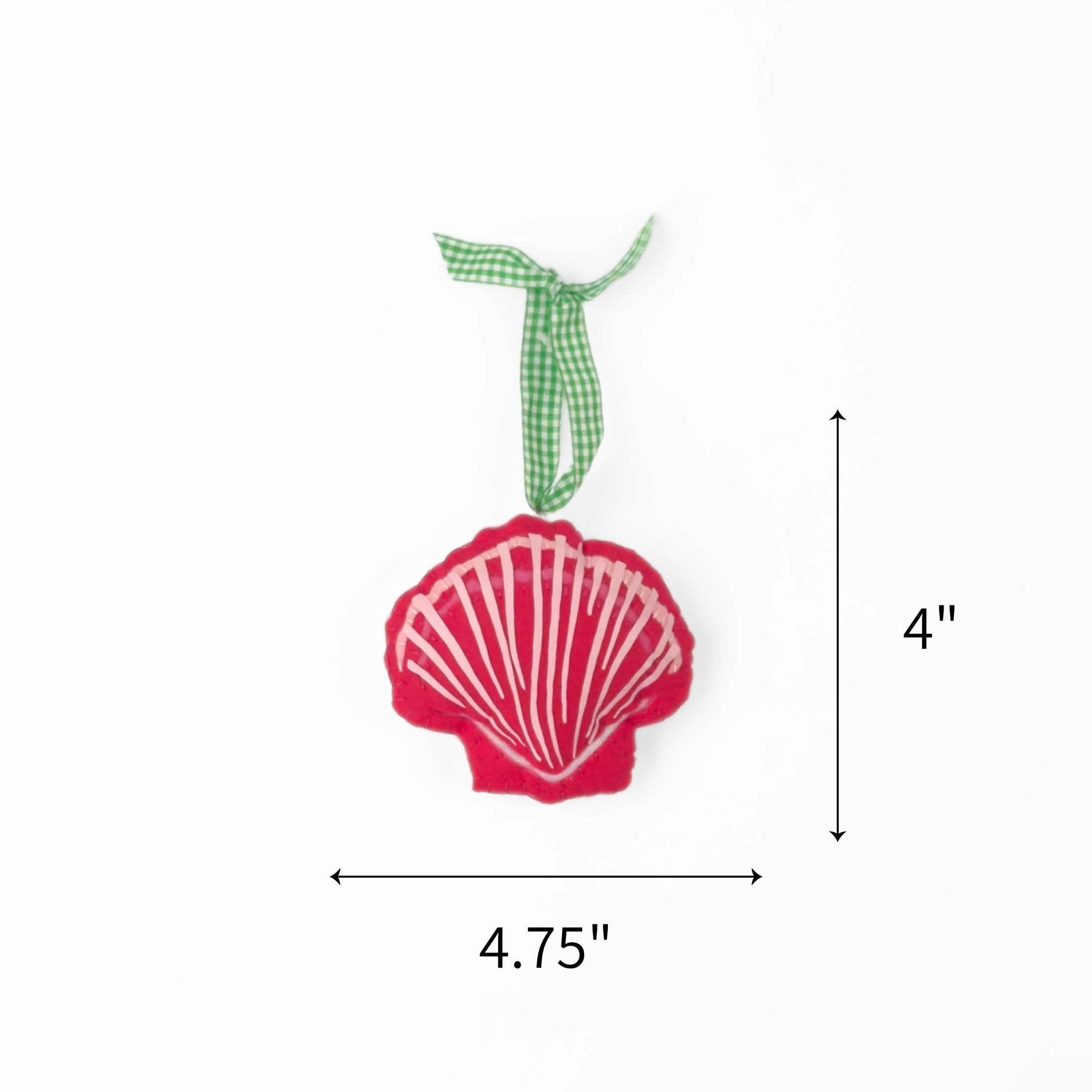 Felt pink scallop shell Christmas ornament featuring white stripes, measuring 4" by 4.75"