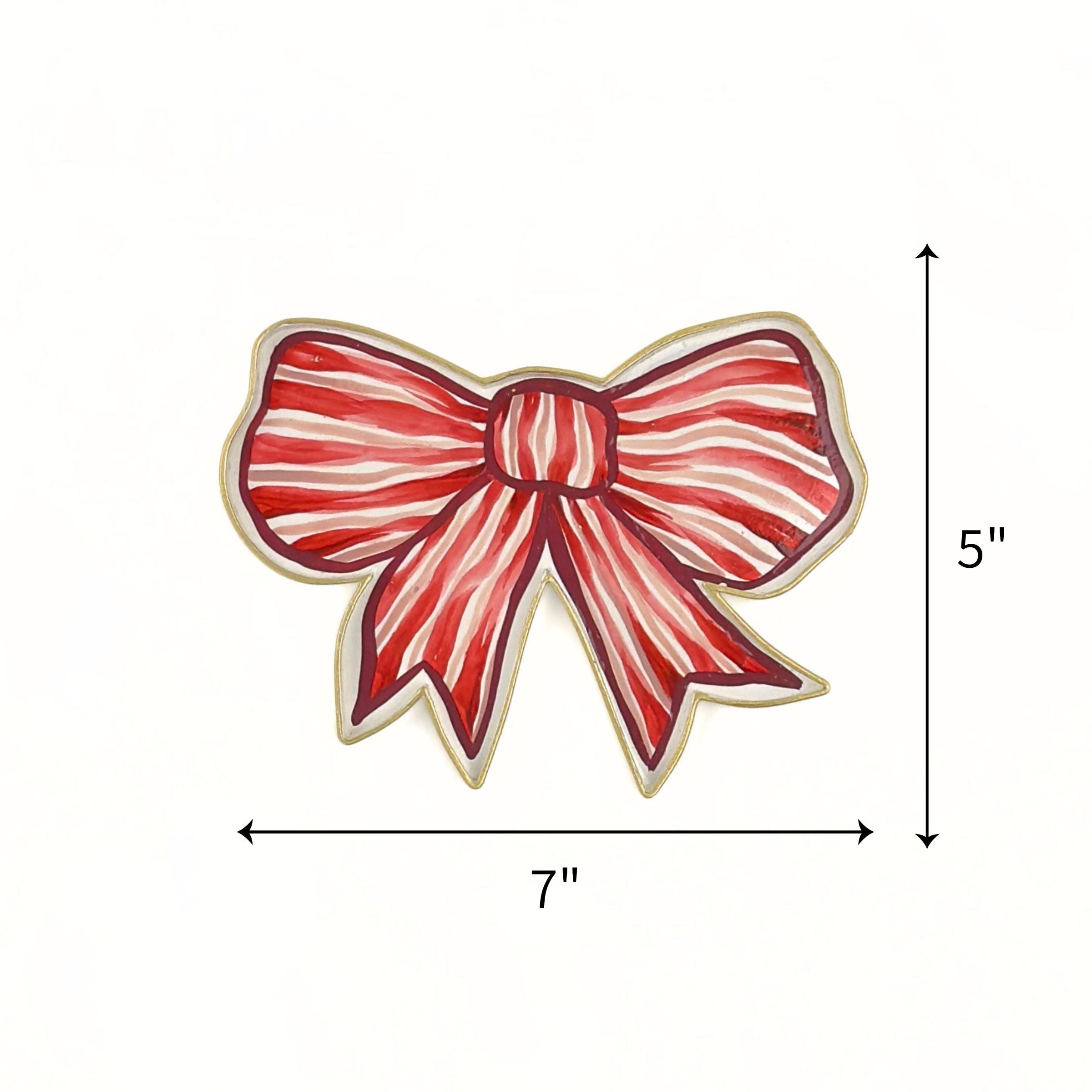 Red and pink striped tole metal bow tray, 7"  x 5" 