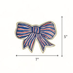 hand-painted tole tray featuring a patriotic red, white, and blue bow with gold trim in a white background with dimension arrows labeled 7" by 5"