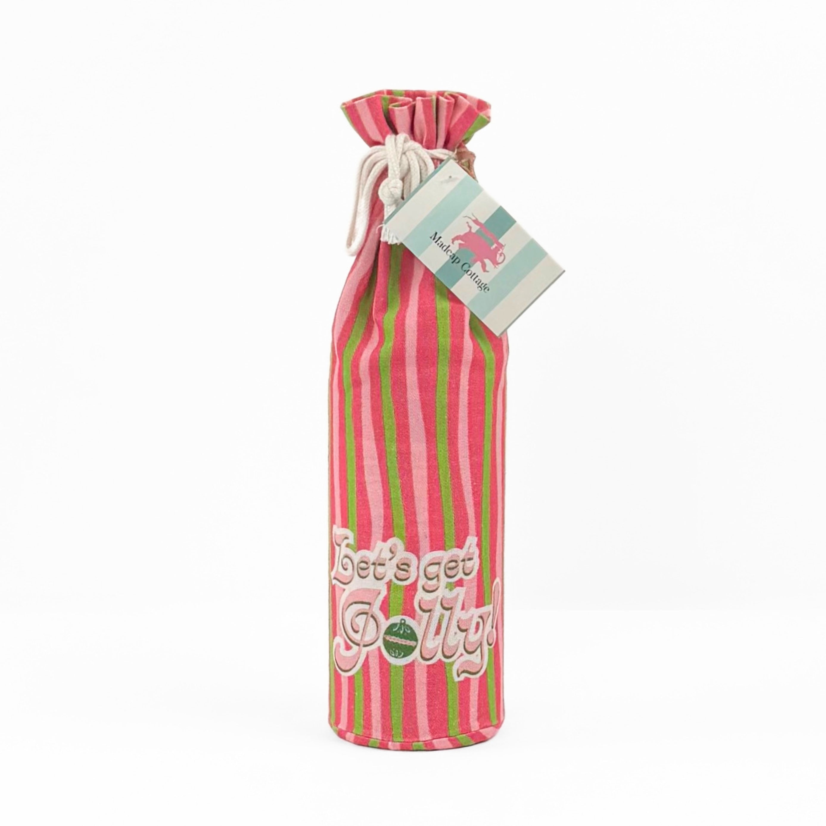 pink and green striped wine bag with “Let’s get jolly!” printed on the front