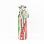 Front of pink, green, and white striped wine bag with “Liquid Mistletoe” printed on the front